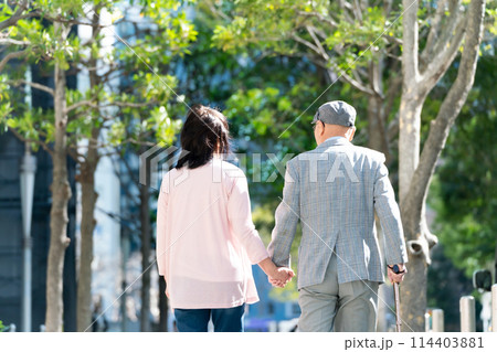 シニア夫婦 散歩 緑 後ろ姿 シニア夫婦 散歩 緑 後ろ姿 114403881