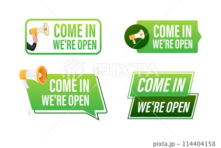 Come in we are open text with Megaphone label set. Megaphone in hand promotion banner. Marketing and advertising Come in we are open text with Megaphone label set. Megaphone in hand promotion banner. Marketing and advertising 114404158