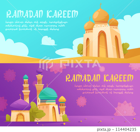 Hand drawn flat cartoon ramadan horizontal banner template collection with islamic mosque Hand drawn flat cartoon ramadan horizontal banner template collection with islamic mosque 114404235