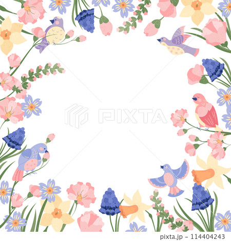 Hand drawn flat spring background with blooming flowers and birds with blank space 114404243