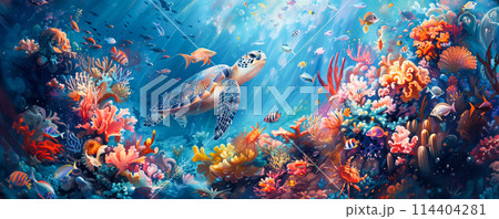 Cartoon illustration of turtle swimming in ocean among colorful fish. Cartoon illustration of turtle swimming in ocean among colorful fish. 114404281