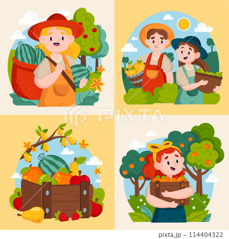 Hand drawn flat fruit harvest mini illustration set with people collecting fruits 114404322
