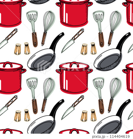 Seamless pattern with kitchen utensils. Red saucepan, frying pan with black handle, salt and pepper shaker, knife, whisk, spatula. Drawn in vector in black, red, brown. For kitchen, textiles, design. Seamless pattern with kitchen utensils. Red saucepan, frying pan with black handle, salt and pepper shaker, knife, whisk, spatula. Drawn in vector in black, red, brown. For kitchen, textiles, design. 114404619
