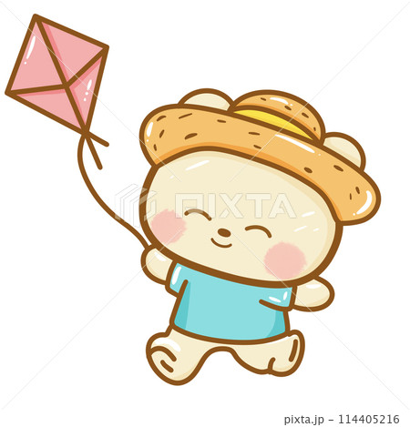 Handdrawn illustration Cute kawaii yellow teddy bear summertime beach summer travel vacation clipart greeting card party invitation 114405216