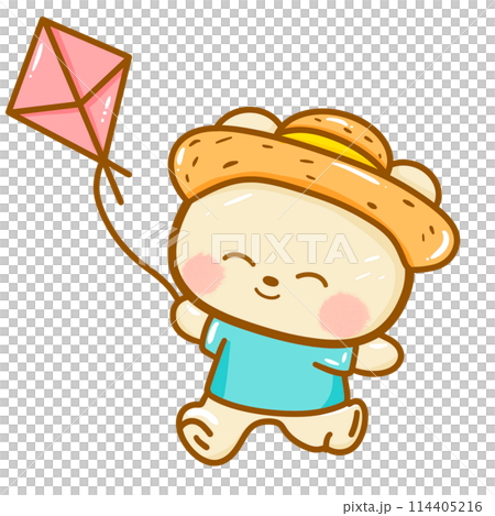 Handdrawn illustration Cute kawaii yellow teddy bear summertime beach summer travel vacation clipart greeting card party invitation 114405216