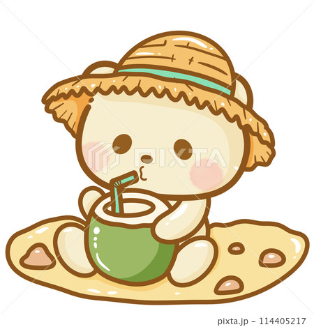 Handdrawn illustration Cute kawaii yellow teddy bear summertime beach summer travel vacation clipart greeting card party invitation 114405217