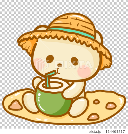 Handdrawn illustration Cute kawaii yellow teddy bear summertime beach summer travel vacation clipart greeting card party invitation 114405217