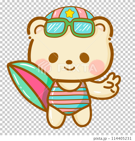 Handdrawn illustration Cute kawaii yellow teddy bear summertime beach summer travel vacation clipart greeting card party invitation Handdrawn illustration Cute kawaii yellow teddy bear summertime beach summer travel vacation clipart greeting card party invitation 114405231