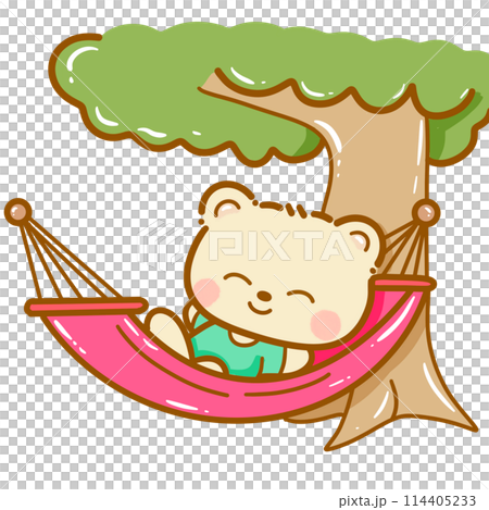 Handdrawn illustration Cute kawaii yellow teddy bear summertime beach summer travel vacation clipart greeting card party invitation 114405233