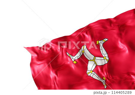 Realistic flag of Isle of Man with folds, isolated on white background. Footer, corner design element. Cut out. Perfect for patriotic themes or national event promotions. Empty, copy space. 3D render. Realistic flag of Isle of Man with folds, isolated on white background. Footer, corner design element. Cut out. Perfect for patriotic themes or national event promotions. Empty, copy space. 3D render. 114405289