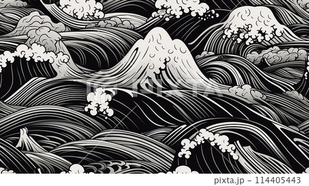 Seamless dynamic wave patterns in black and white, powerful, fluid motion of the sea. Ideal for marine themes, dramatic backgrounds, or textile designs. Conveys movement, energy of ocean waves.  114405443