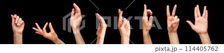 Set of woman hands showing different gestures, pointing and showing signs Set of woman hands showing different gestures, pointing and showing signs 114405762