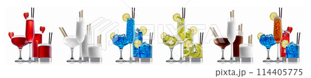 Set of cocktails with decoration from fruits isolated on white background Set of cocktails with decoration from fruits isolated on white background 114405775