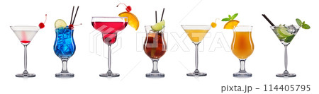 Set of cocktails with decoration from fruits isolated on white background Set of cocktails with decoration from fruits isolated on white background 114405795