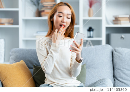 Surprised Young Woman Holding Smartphone At Home Surprised Young Woman Holding Smartphone At Home 114405860