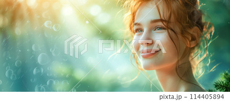 Close-up portrait of happy woman in natural park. 114405894
