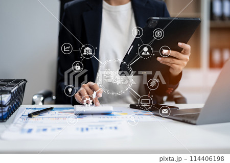 Digital transformation technology strategy, Person using laptop, tablet and smartphone with of things. transformation of ideas and the adoption. 114406198