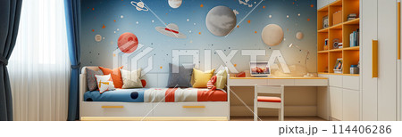 illustration of cozy child room with cosmic decor. Background and wallpaper concept. illustration of cozy child room with cosmic decor. Background and wallpaper concept. 114406286