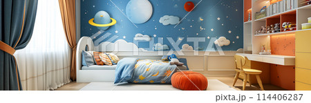 illustration of cozy child room with cosmic decor. Background and wallpaper concept. illustration of cozy child room with cosmic decor. Background and wallpaper concept. 114406287