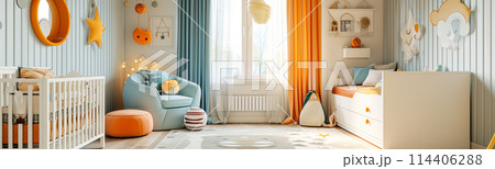 Panoramic view of white simple nursery room for two children in modern style. Child care and love concept. Panoramic view of white simple nursery room for two children in modern style. Child care and love concept. 114406288