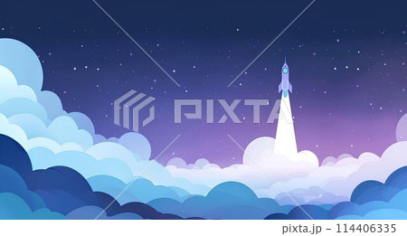 Pastel Space rocket launch in the night sky. Flat style. Start up business and Space travel concept. Pastel Space rocket launch in the night sky. Flat style. Start up business and Space travel concept. 114406335