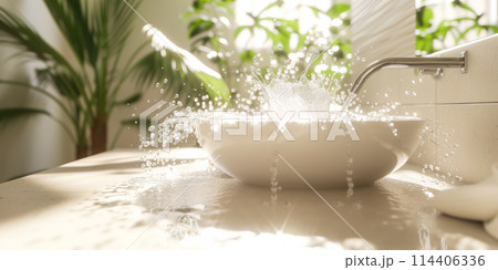 Background with accident in the bathroom as water splashing from the sink. Background with accident in the bathroom as water splashing from the sink. 114406336