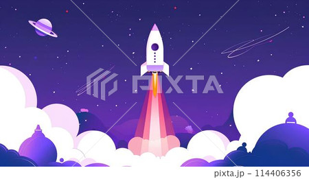 Pastel Space rocket launch in the night sky. Flat style. Start up business and Space travel  concept. 114406356