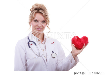 Female cardiologist with red heart. 114406438