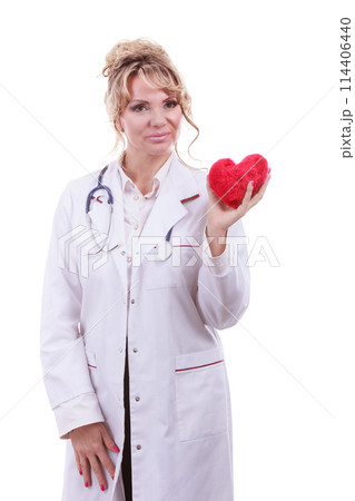 Female cardiologist with red heart. 114406440