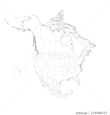 Political map of North American countries Canada, United States of America and Mexico with administrative divisions. Thin black outline map with countries and states name labels. Vector illustration Political map of North American countries Canada, United States of America and Mexico with administrative divisions. Thin black outline map with countries and states name labels. Vector illustration 114406513