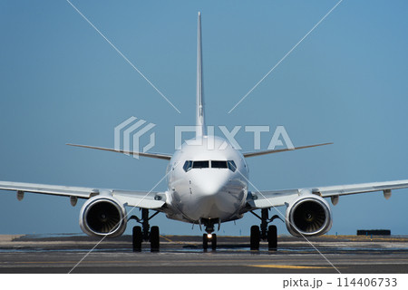 White passenger jet plane taxiing along the runway in the airport 114406733