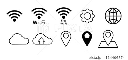 Wi-Fi　歯車　地球　クラウド　位置情報マーク　アイコンセット 114406874