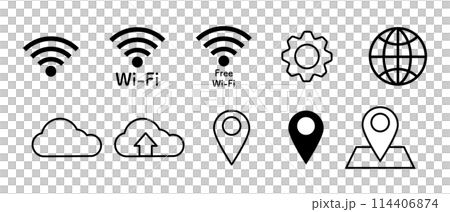 Wi-Fi　歯車　地球　クラウド　位置情報マーク　アイコンセット 114406874