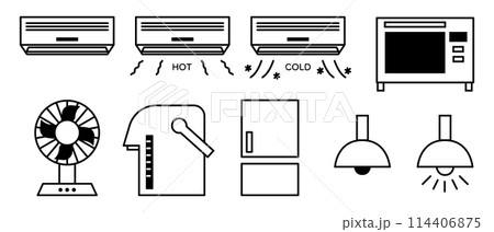 家電アイコン素材のセット　（エアコン　空調　暖房　冷房　電子レンジ　扇風機　ポット　冷蔵庫　電気）　 114406875