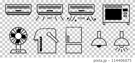 家電アイコン素材のセット　（エアコン　空調　暖房　冷房　電子レンジ　扇風機　ポット　冷蔵庫　電気）　 114406875