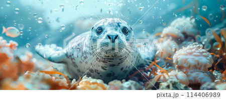 Closeup panoramic view of seal swimming undersea. Animal wildlife concept. 114406989