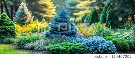 Beautiful coniferous garden with blue spruces, fir trees, thujas and junipers. Beautiful coniferous garden with blue spruces, fir trees, thujas and junipers. 114407005