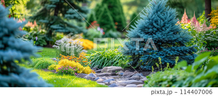Beautiful coniferous garden with blue spruces, fir trees, thujas and junipers. Beautiful coniferous garden with blue spruces, fir trees, thujas and junipers. 114407006