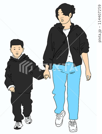 Mother and Son Walking Together - Vector hand-drawn sketch Illustration 114407259