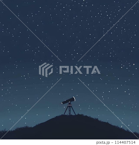 Silhouette of telescope on the hill and starry sky background Silhouette of telescope on the hill and starry sky background 114407514