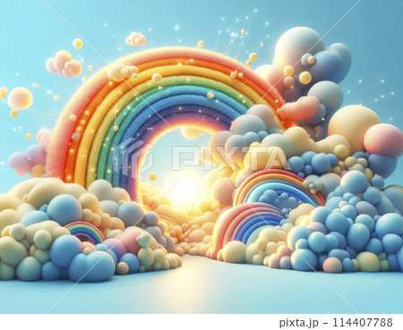 Bright 3D illustration of a whimsical landscape with vibrant rainbows, fluffy clouds, and sparkling stars 114407788
