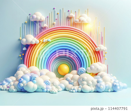 Bright 3D illustration of a whimsical landscape with vibrant rainbows, fluffy clouds, and sparkling stars 114407791