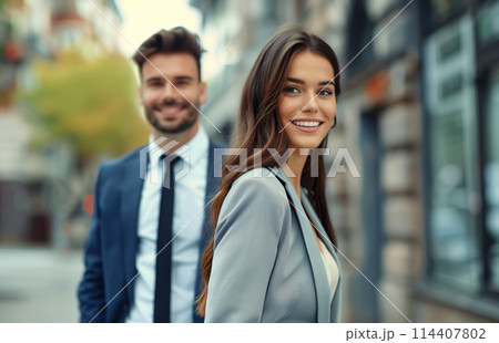 Portrait of beautiful happy young woman and man in business suit, couple coworkers on city street 114407802