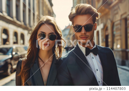 Fashionable portrait of stylish beautiful woman and man in suit, modern young couple on city street 114407803