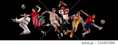 Sport collage. Active, young people, professional sportsmen of different kinds of sport training against white background. Sport collage. Active, young people, professional sportsmen of different kinds of sport training against white background. 114407866