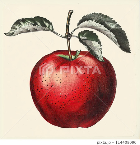 Digital vintage illustration of a red apple with leaves in engraving technique. Digital vintage illustration of a red apple with leaves in engraving technique. 114408090