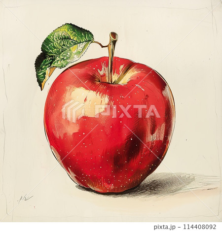 Retro illustration of a red apple with a leaf 114408092