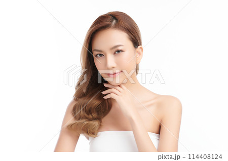Beautiful young asian woman with clean fresh skin on white background, Face care, Facial treatment, Cosmetology, beauty and spa, Asian women portrait. 114408124