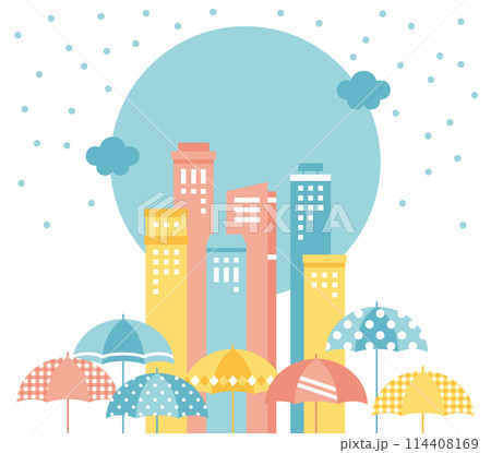 雪が降る都会の街並みとカラフルな傘の背景イラスト 114408169