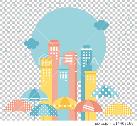 雪が降る都会の街並みとカラフルな傘の背景イラスト 114408169